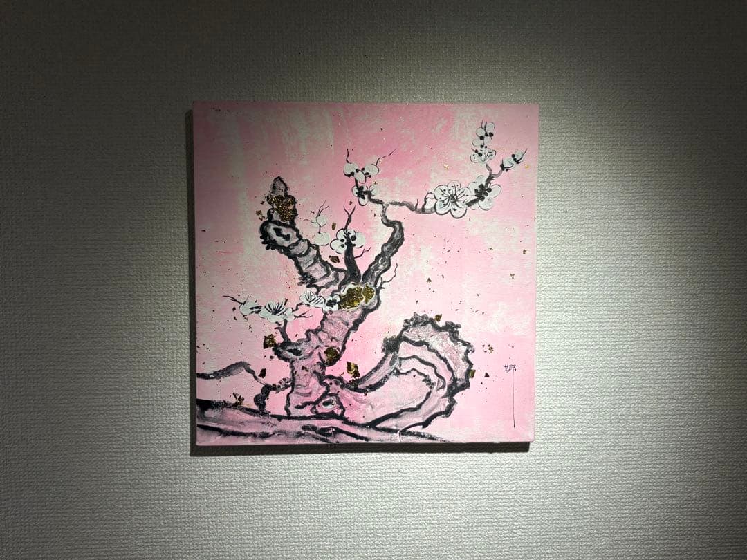 【和紙アート】梅図／水炭・金彩風装飾 桜の木 抽象水彩画 正方形