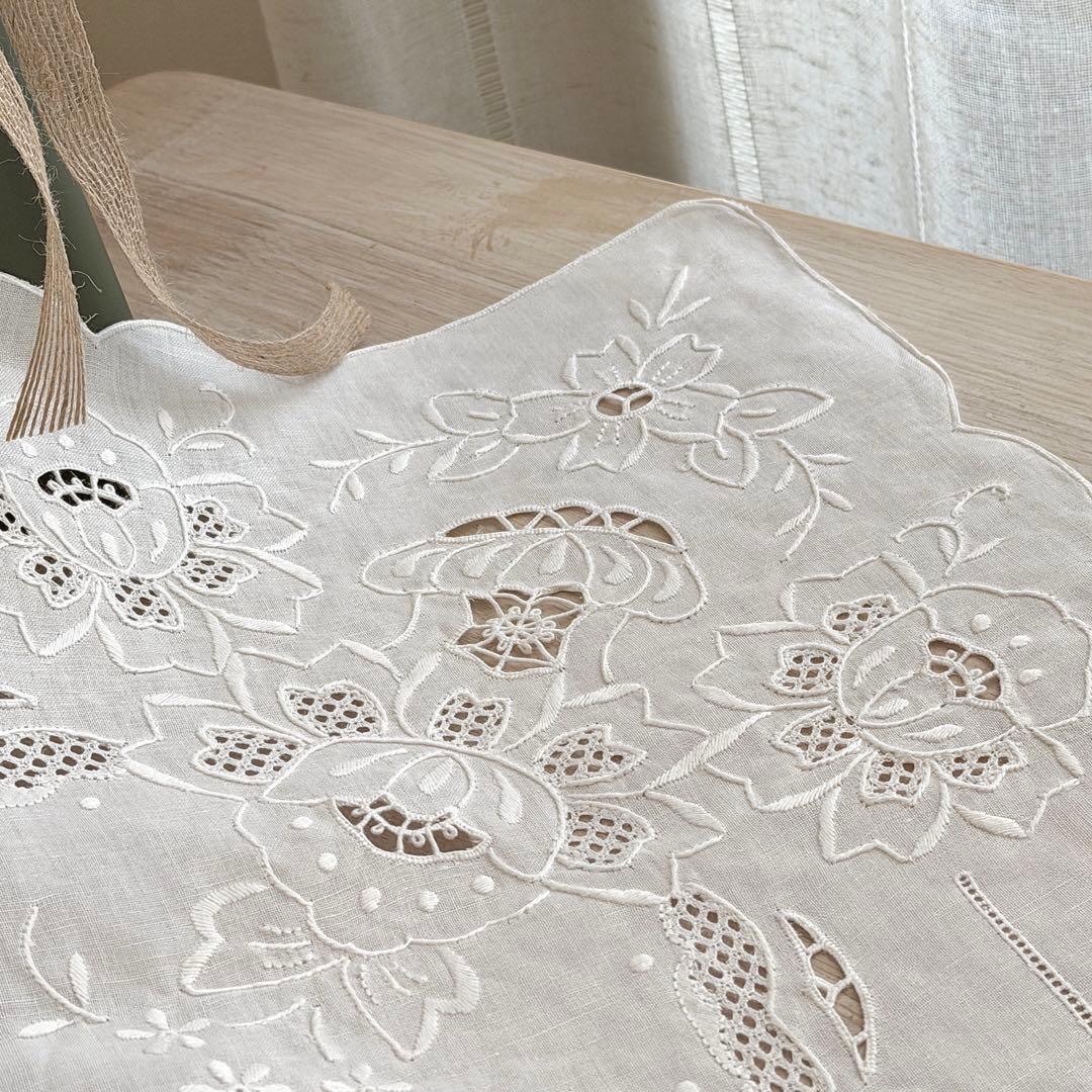 フランスヴィンテージカットワークドロンワーク手刺繍 リネンテーブルクロス