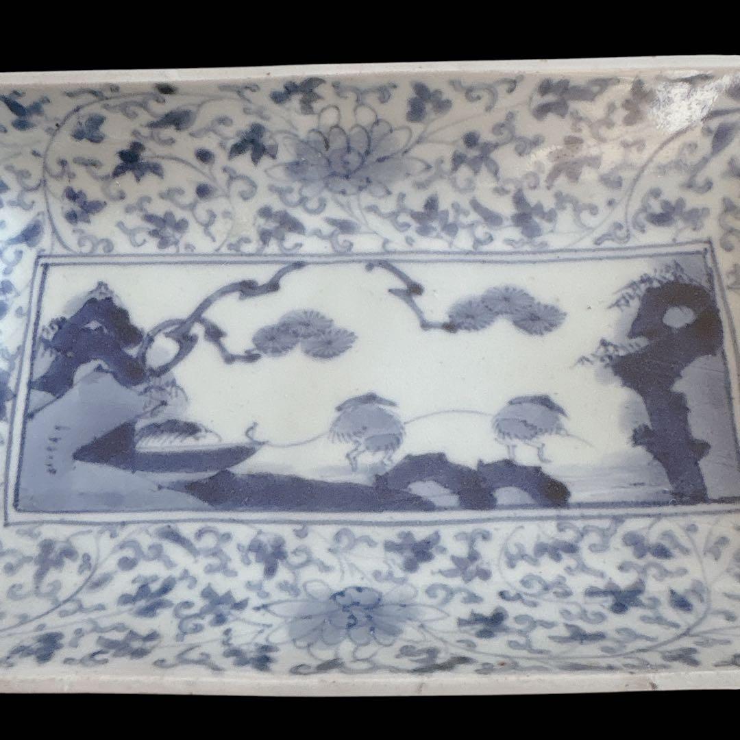 古伊万里風 染付 長皿 山水図 角皿 江戸後期〜明治 古陶磁