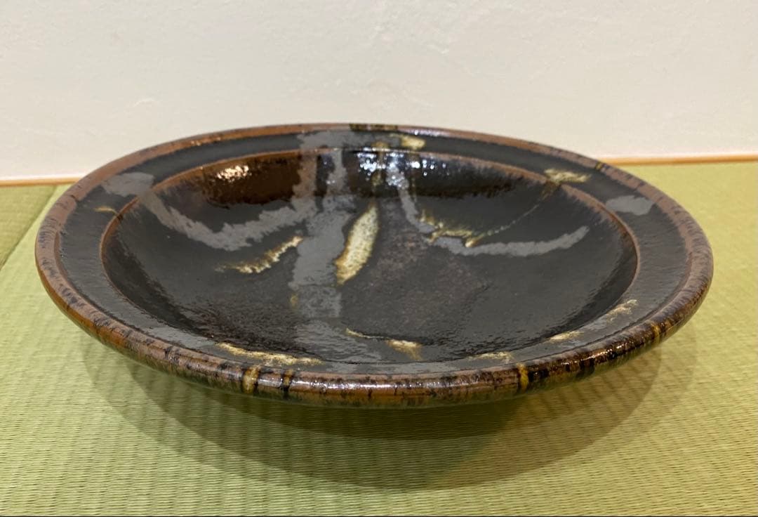 出西窯　黒釉彩鉢　共箱　約25.5cm