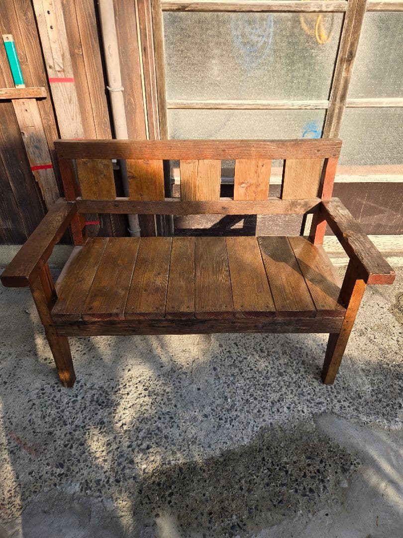 木製シンプルベンチ 廃材ベンチ ハンドメイド クッション付き レトロ家具