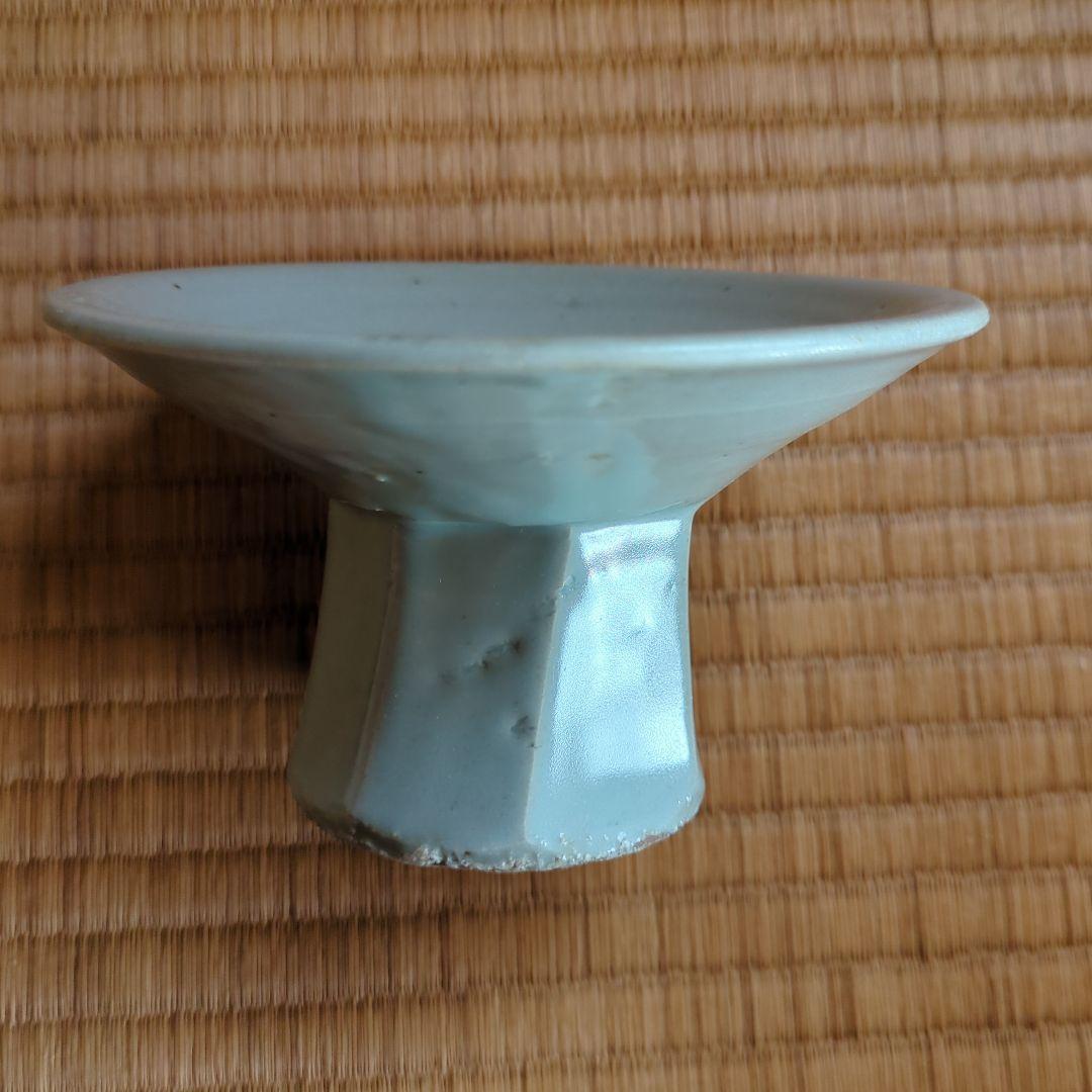 青磁 花模様 陶器皿 木箱付き　分院窯作　李朝面取台鉢　白磁　骨董品　古美術