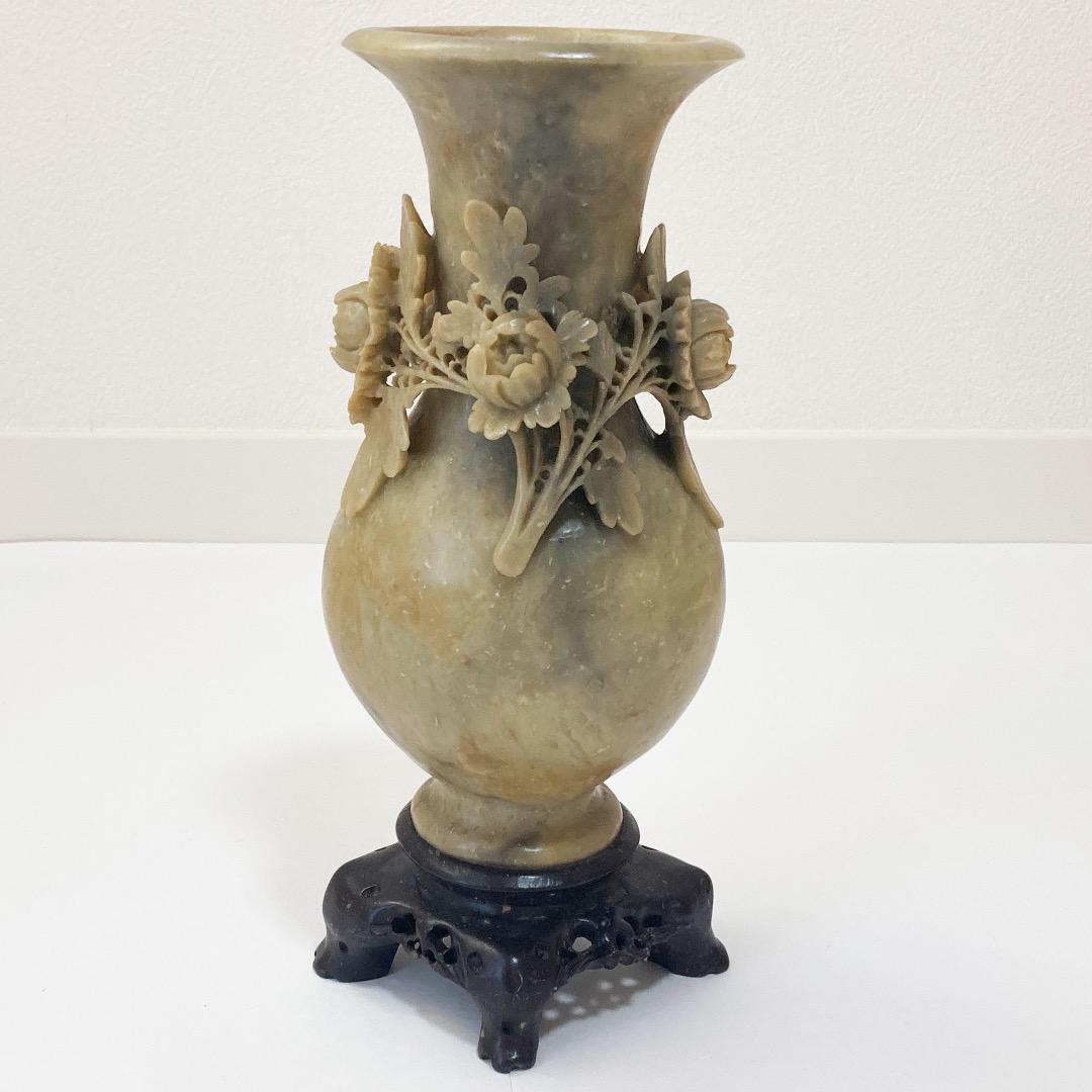 天然石 菊の彫刻の花瓶 全高約25.6cm