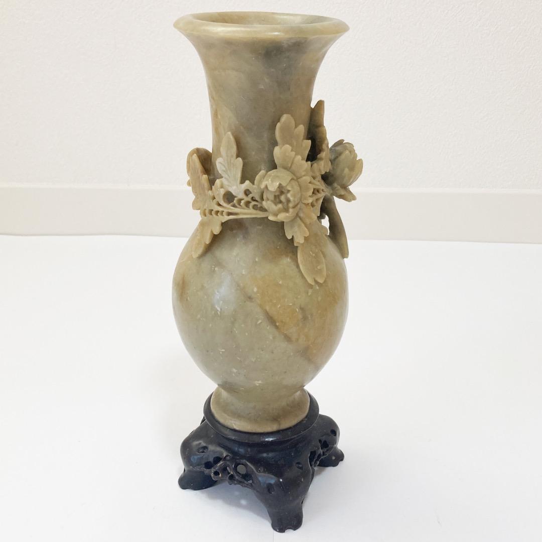 天然石 菊の彫刻の花瓶 全高約25.6cm