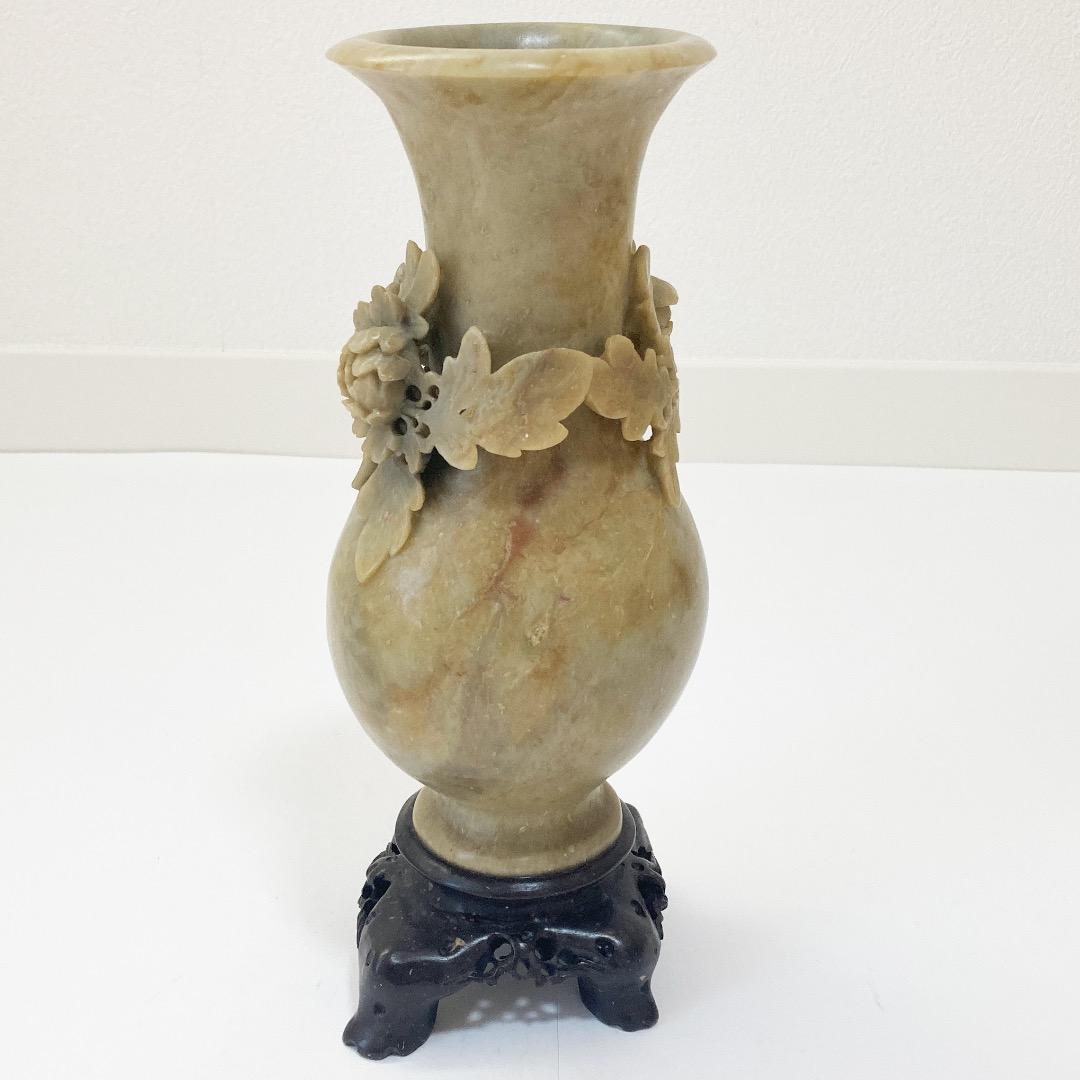 天然石 菊の彫刻の花瓶 全高約25.6cm