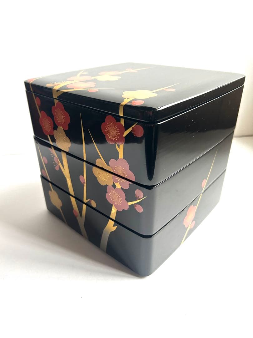 【未使用】漆器 三段重 黒塗 重箱 黒 内朱 梅模様金泥 天然木 アンティーク