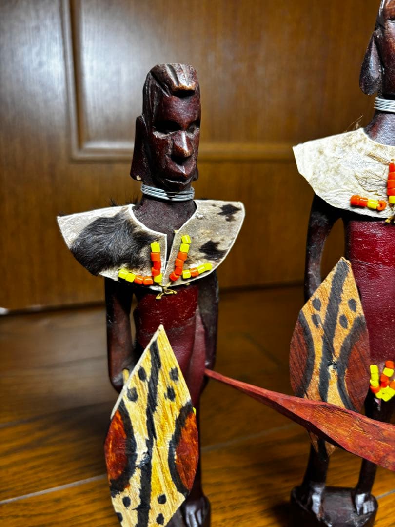 マサイ族 プリミティブ 木彫り3体セット 装飾付き アフリカ民芸品