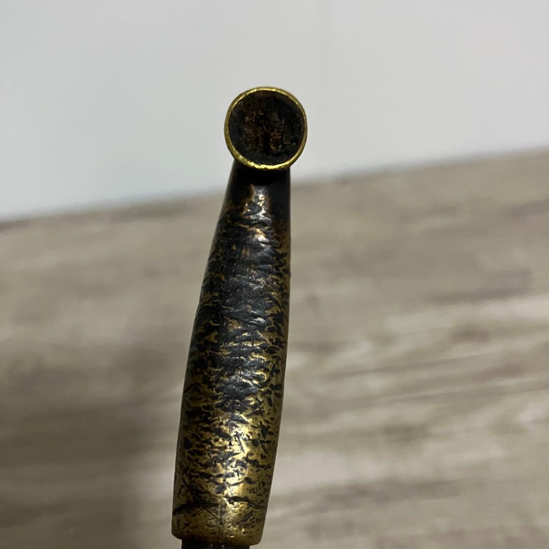 3F 【アンティーク】時代物 煙管 葉模様彫刻 真鍮・竹製 当時物
