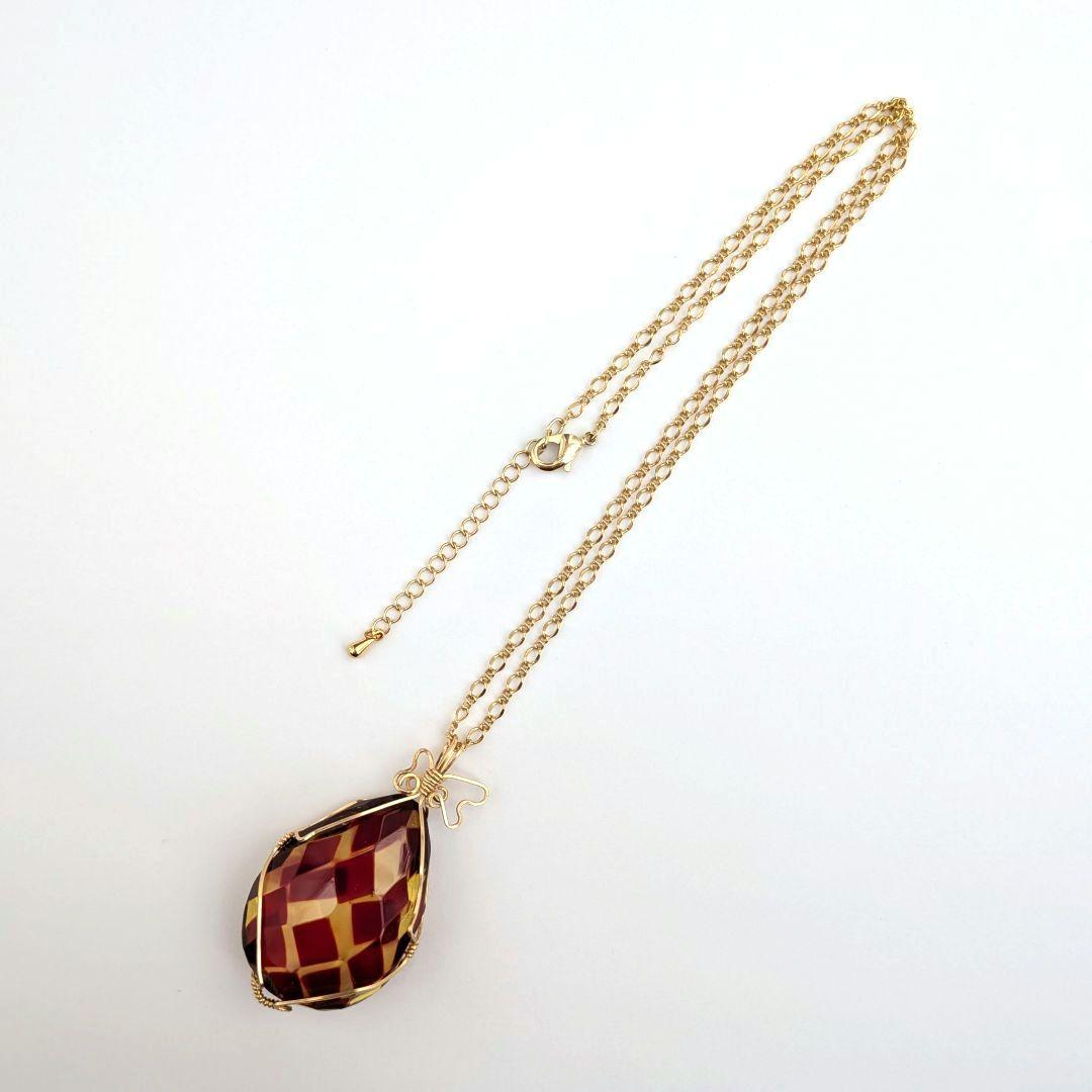 【希少】 K14gf 赤琥珀 ネックレス アンバー 雫 37×27mm モザイク
