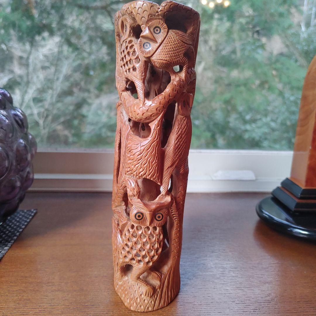 白檀フクロウの木彫り彫刻 約20cm