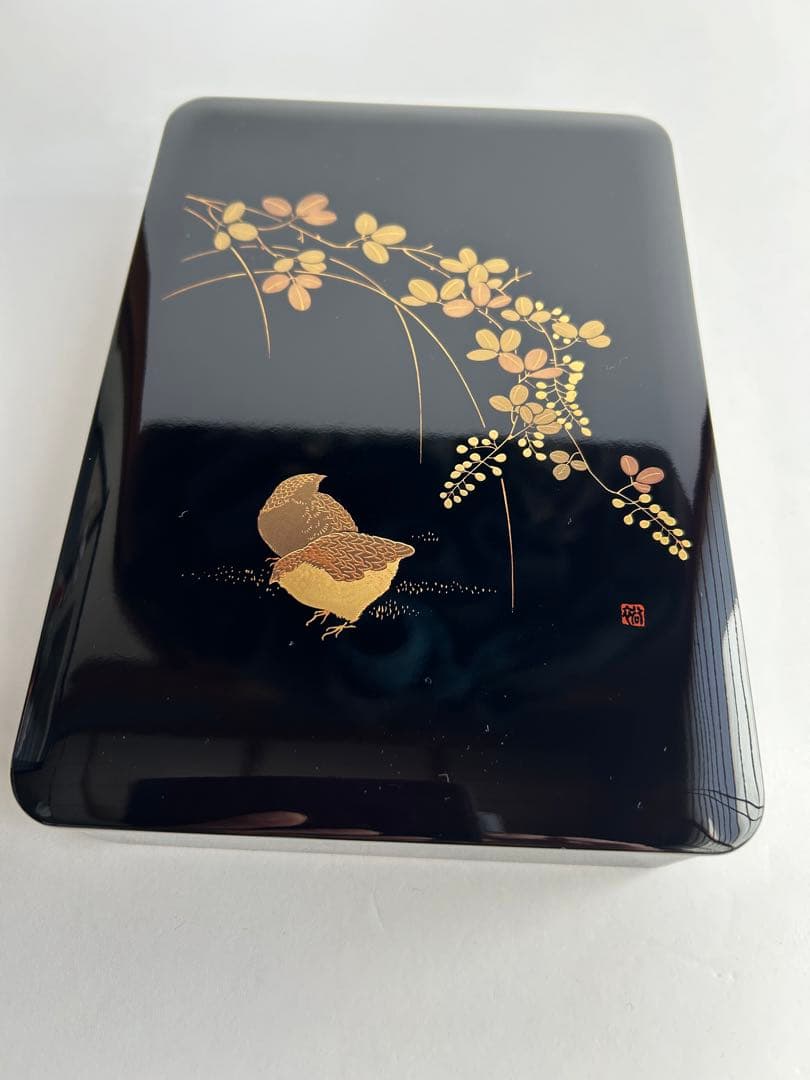 (高級品)会津塗り文箱　天然木　漆器金彩　萩とうずら