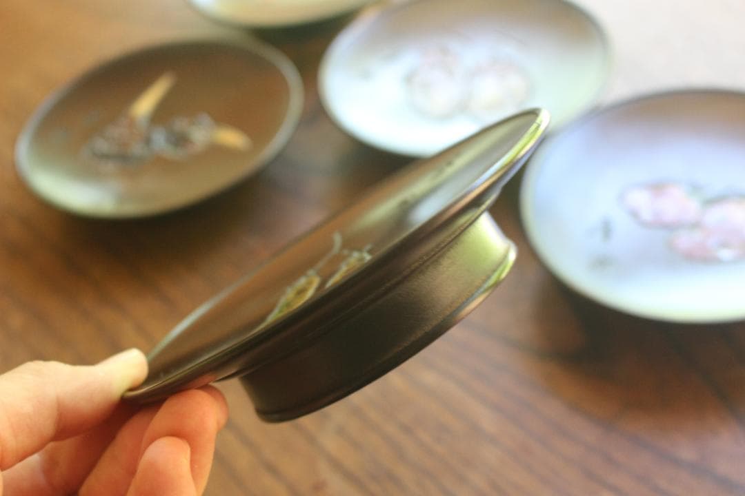 矢部犀洲作！風情ある野菜果物文の映える鳥城彫の台付皿5点（検讃岐彫菓子皿銘々皿