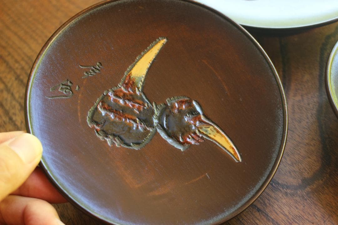 矢部犀洲作！風情ある野菜果物文の映える鳥城彫の台付皿5点（検讃岐彫菓子皿銘々皿