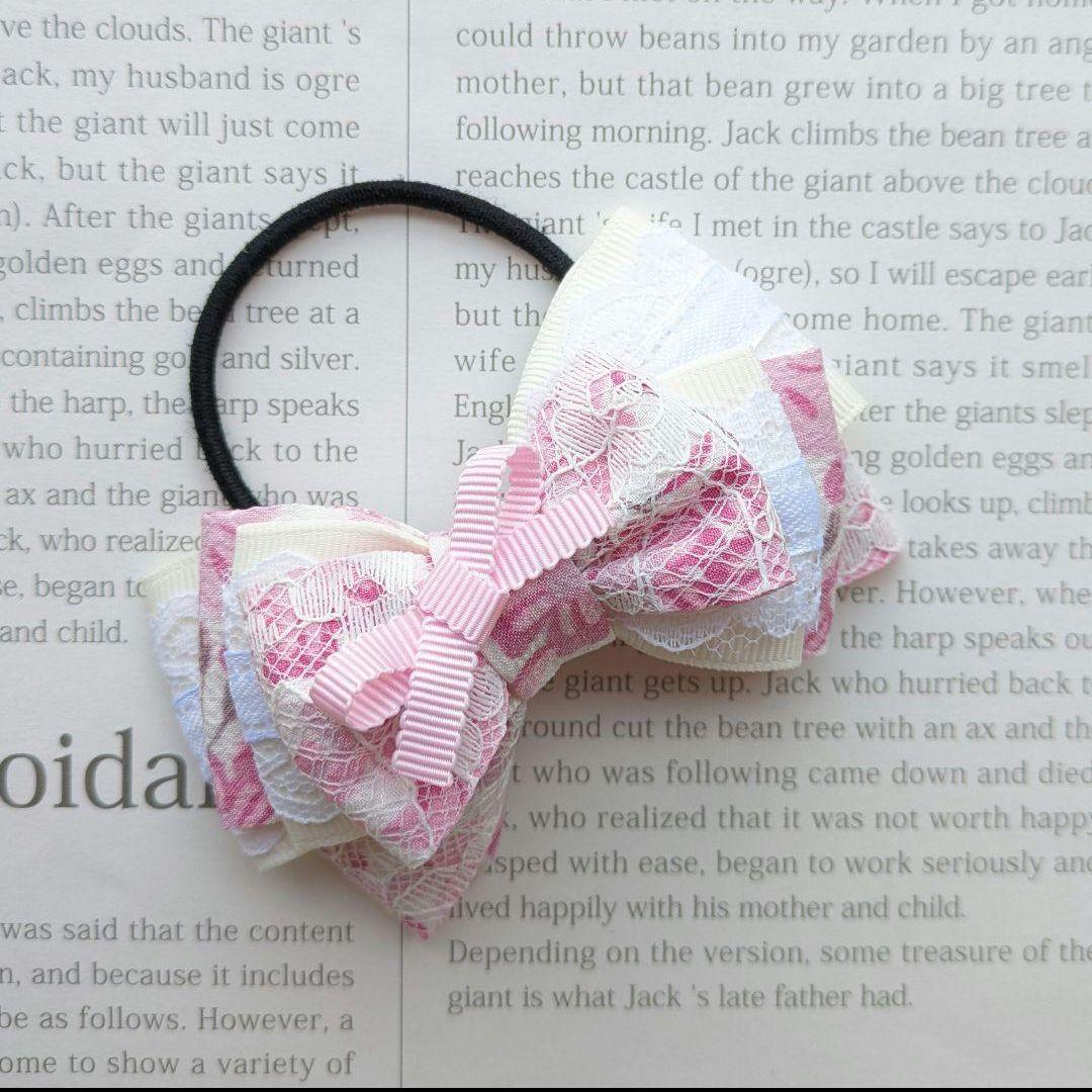リボン　ヘアゴム♡fleur ribbon♡レース♡花柄♡ピンク♡ハンドメイド