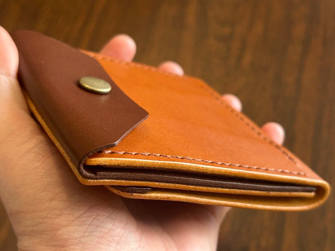本革 スリム コンパクト 薄型 財布 ハンドメイド レザー 手縫い 二つ折り