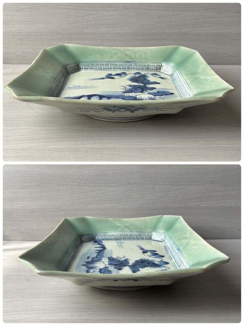 染付　四方皿　青磁染付　楼閣山水図　風景画　角皿　向付　鉢　隅切角皿　和食器