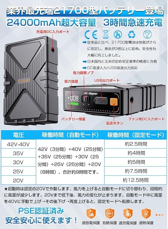 空調服　42V ファンバッテリー　24000mah バッテリー