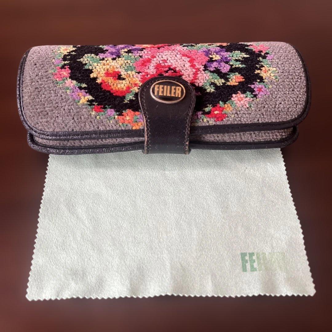 美品・レア柄✨FEILER フェイラー メガネケース 花柄×グレー メガネ拭き有