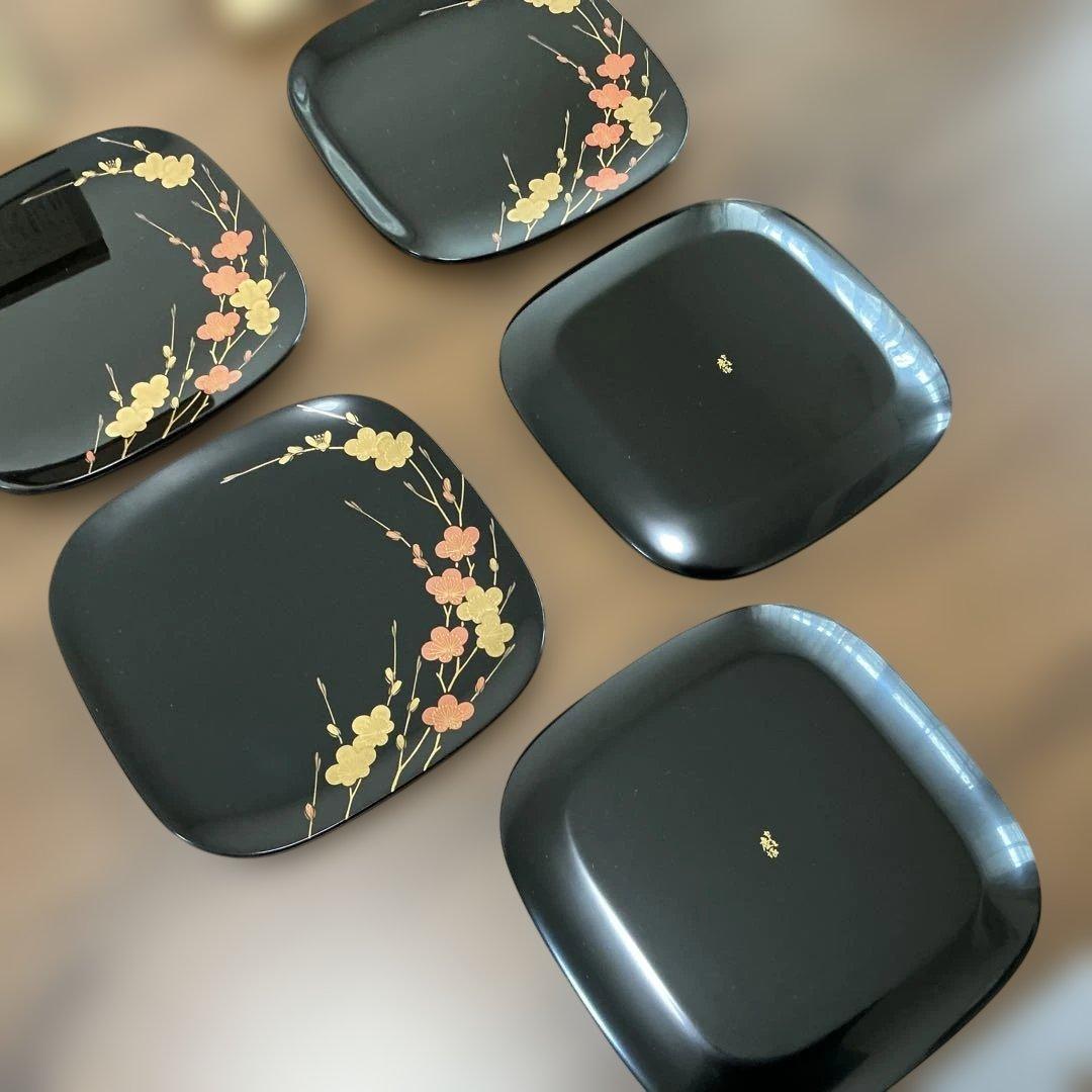 輪島塗　慶塚　紅白梅蒔絵　銘々皿　茶托　共箱　大丸美術部