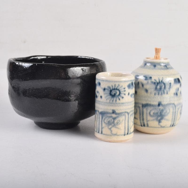 茶道具　扇蒔絵　利休茶箱　黒楽茶碗　扇蒔絵　棗など　七点　一式　M　R8860