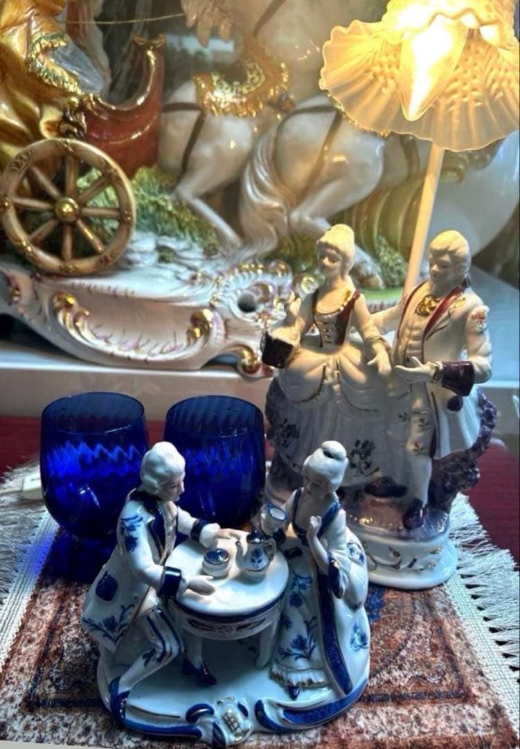 ⚜️19世紀風 陶器の人形カップル2セット(ライト付)＋北一硝子グラス2品⚜️