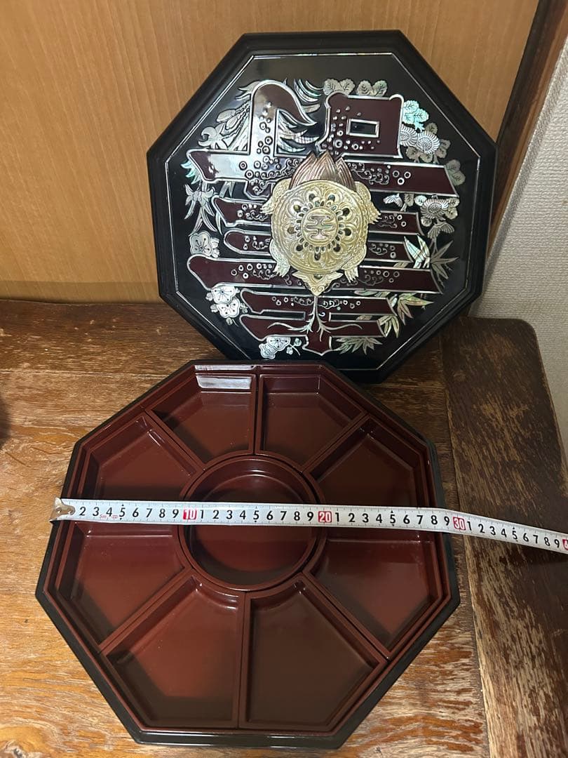 【未使用品】螺鈿細工 漆塗り八角形重箱 伝統工芸品縁起が良いクジョルパン九節板