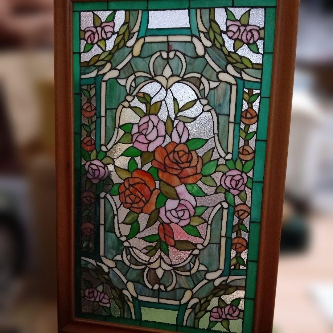 バラの花 ステンドグラス 木製フレーム付き
