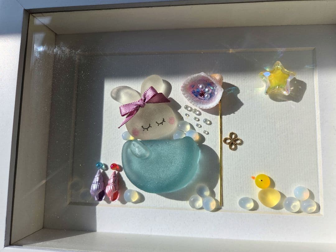 うさちゃんのバスタイム♡シーグラスアート♡ミルキークォーツ♡天然石アート