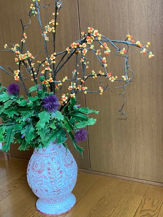ハンドメイドパンフラワー　パンアートアレンジメントあざみとツルウメモドキ　秋の花