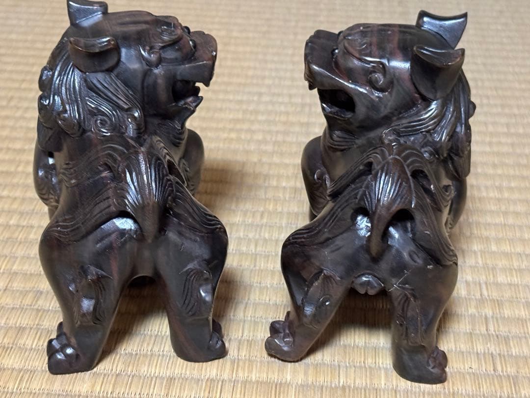 母のお茶道具の仲間たち 透かし彫り 沖縄シーサー 玉乗り唐獅子像木彫刻 2対