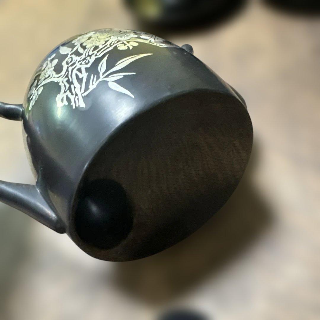 中国　ヴィンテージ　漆器 茶器セット 黒と金 花模様
