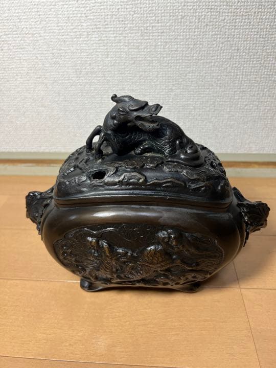 742 銅製　麒麟鳳凰文香炉　美品