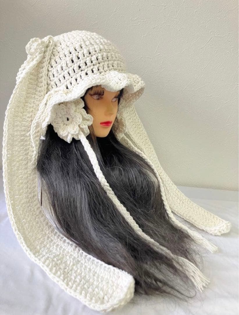うさ耳ニット帽　ハンドメイド　猫耳帽子　春夏ニット帽　ネオ森ガール　☺︎