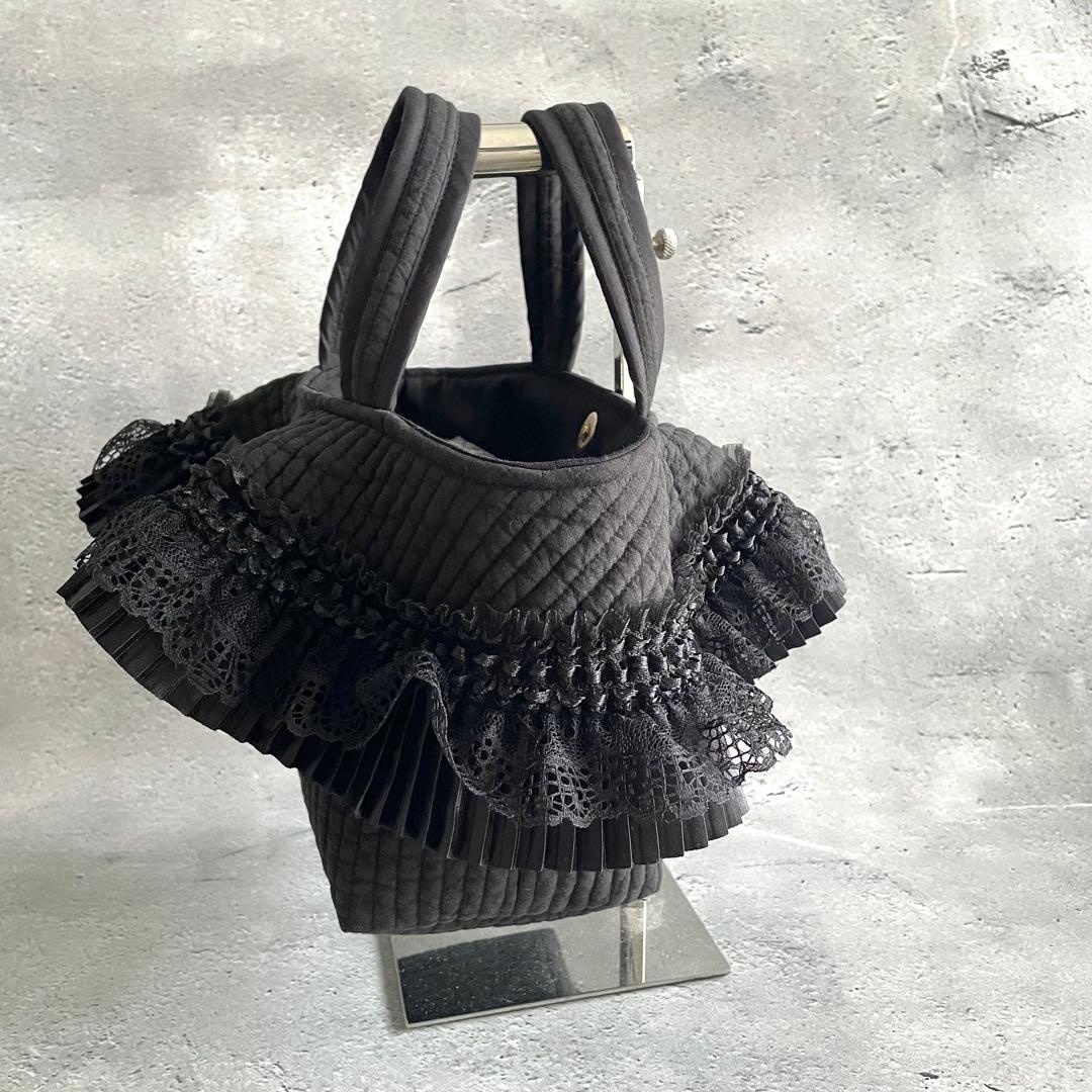 プリーツフリル付きトートバッグ（S）　ヌビバッグ　ブラック　ハンドメイド