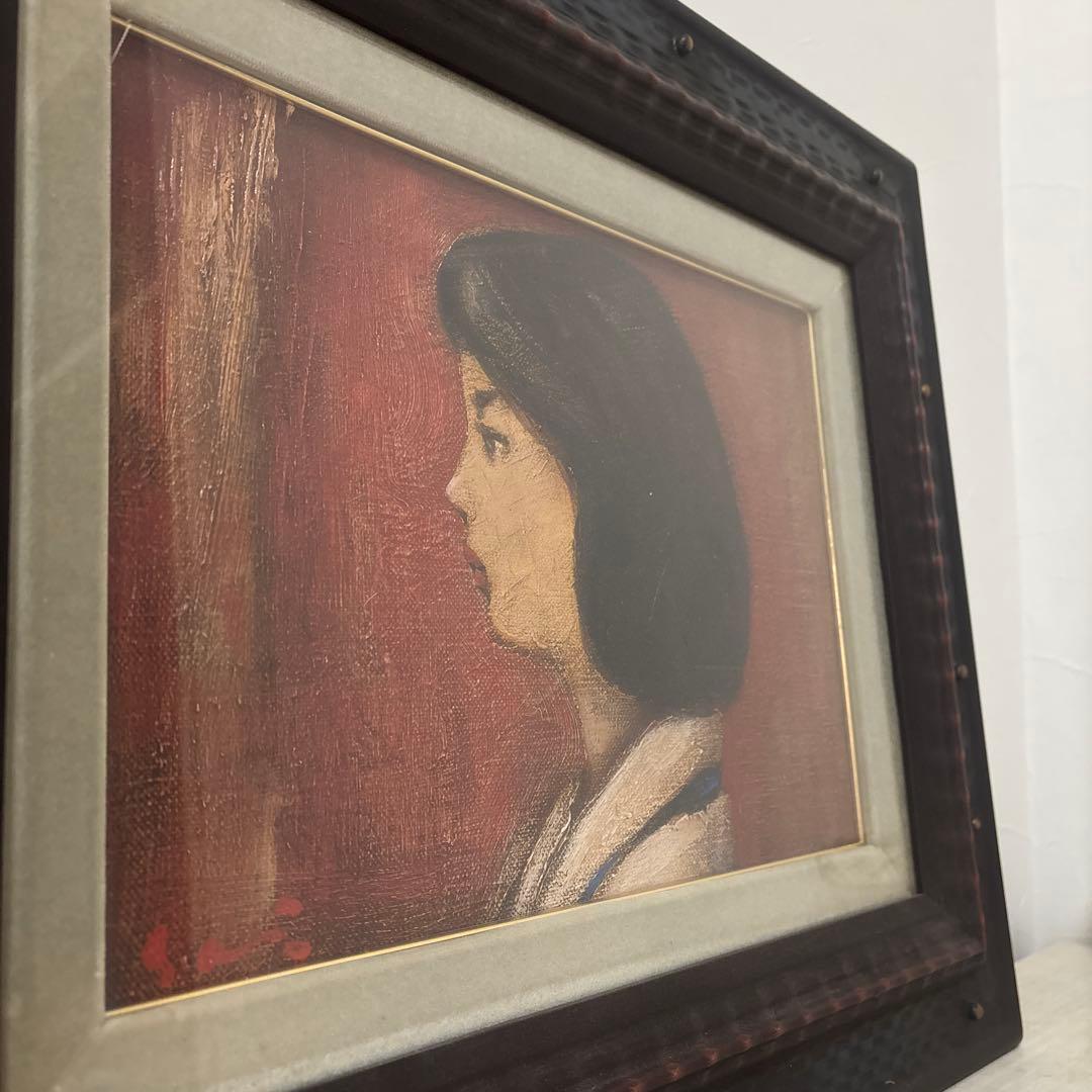 【直筆サイン入り】山尾才『赤い服』油彩画 額縁付き 肉筆 絵画