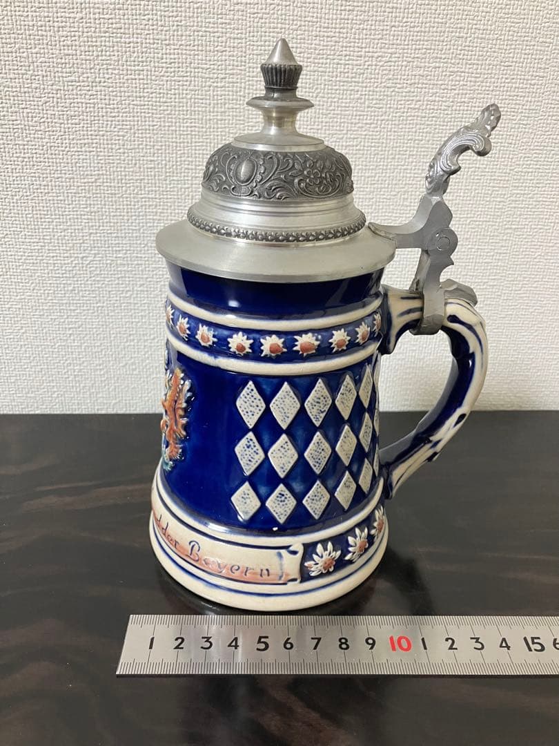 ドイツ製BEYER ビールジョッキ　シュタイン蓋付　西ドイツバイエルン紋章　陶器