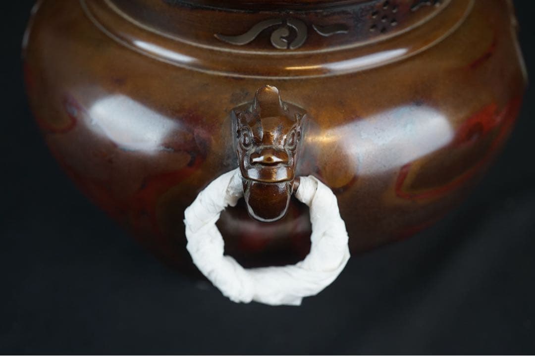 風炉師 吉田和正 造 唐銅 本焼 鬼面 風炉 共箱 炉 茶道具