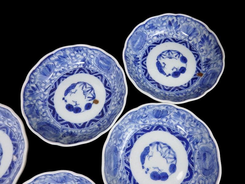 古伊万里　染付　線描き　花に唐草の図　膾皿 ５客　C999AS-fbvr
