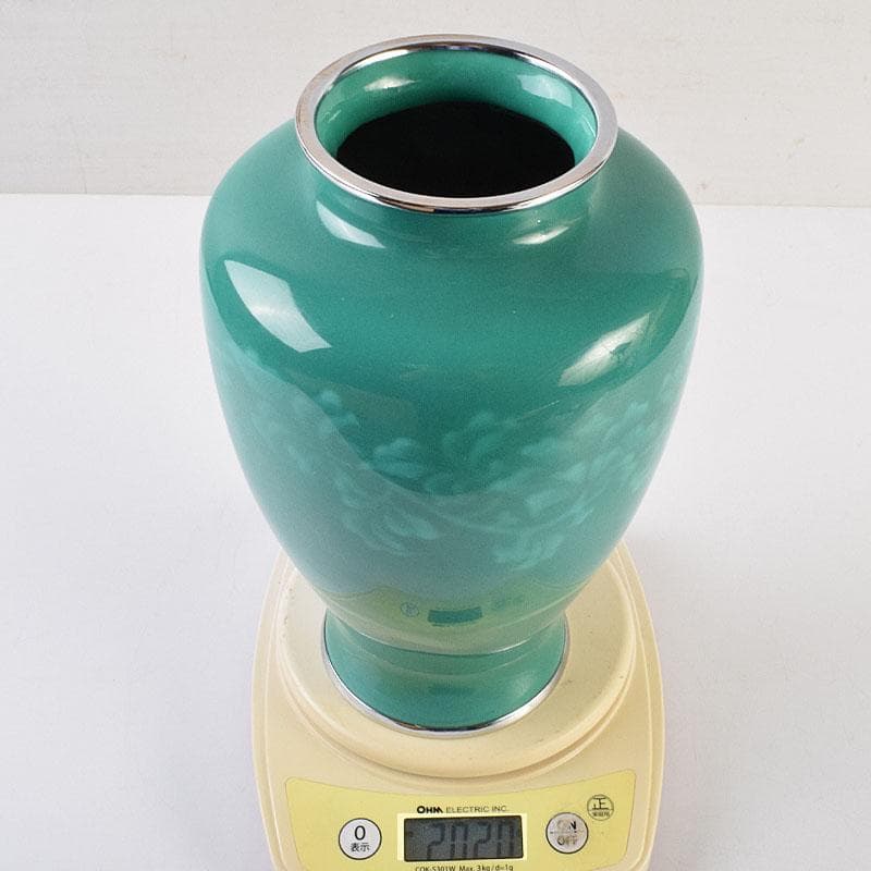 七宝焼　緑釉　花文　唐木台付　共箱　V　R9652H