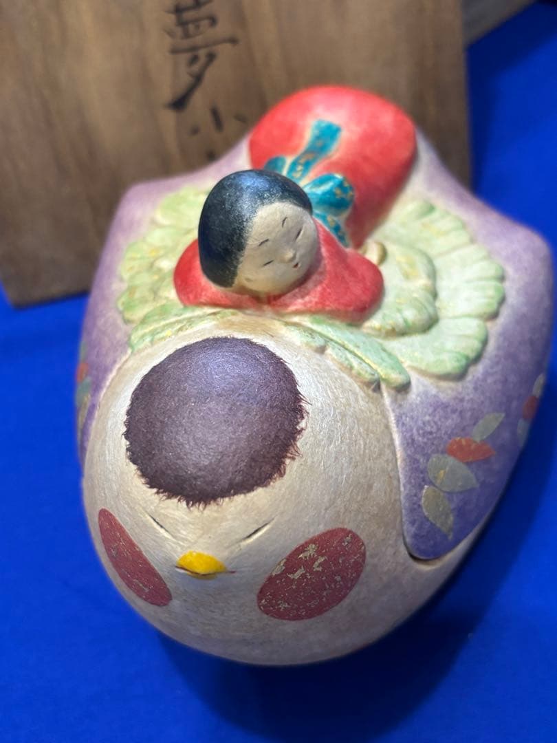 福来雀夢小筥　和紙貼彩色　小物工芸品 木箱付き　美品　創作人形　和風インテリア
