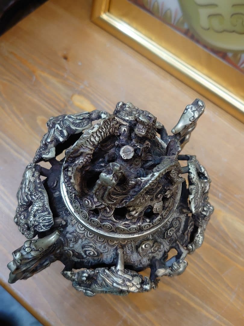 開運 龍 龍神 九頭龍 九龍香炉 白銅製（洋銀）中国 大明宣徳年製