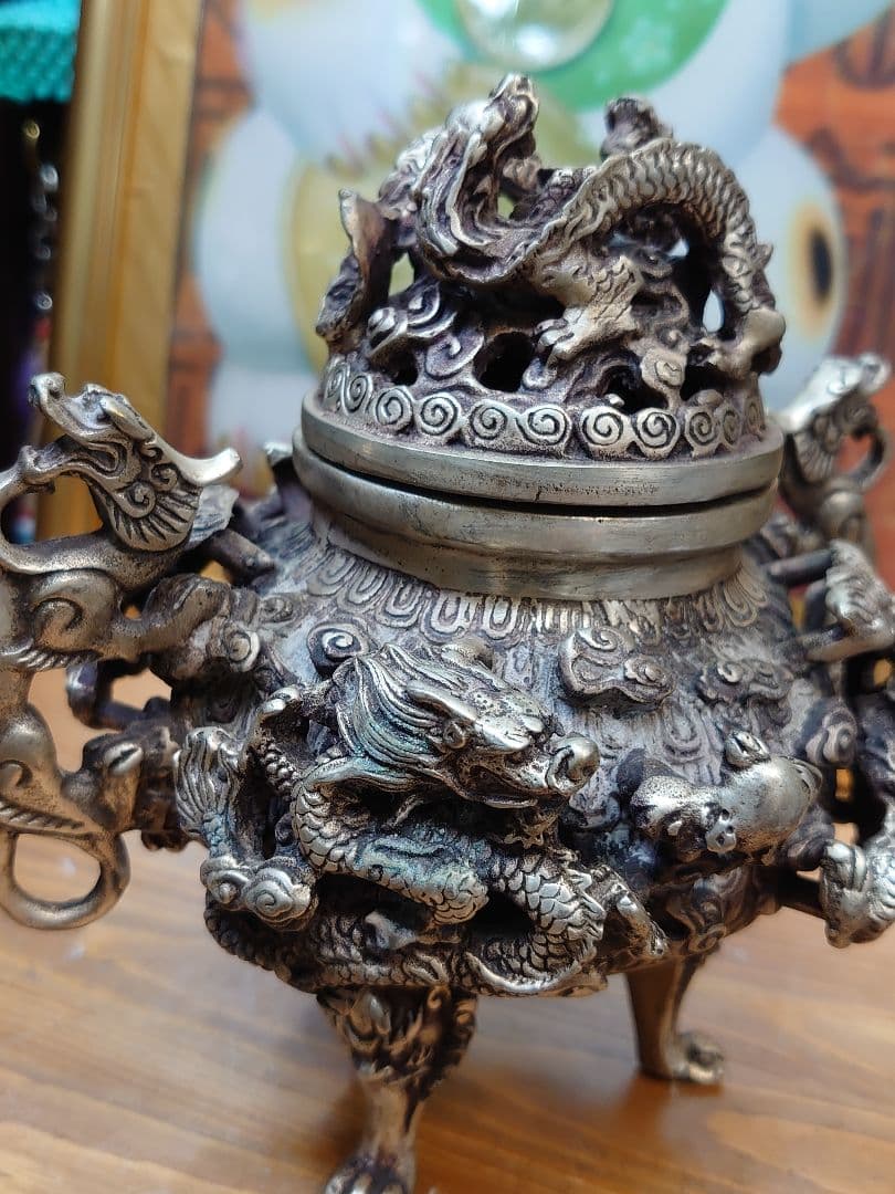 開運 龍 龍神 九頭龍 九龍香炉 白銅製（洋銀）中国 大明宣徳年製