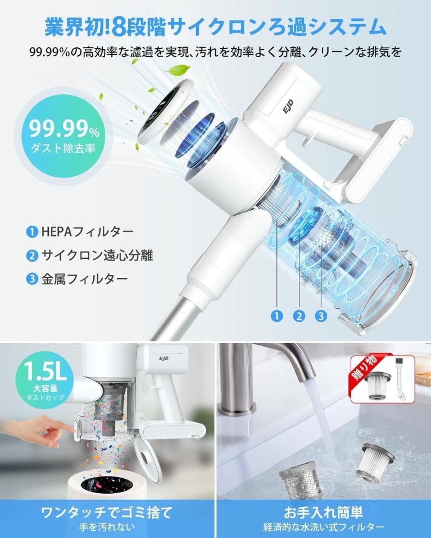 掃除機 コードレス コードレス掃除機 軽量 サイクロン式 3段吸引力 低騒音