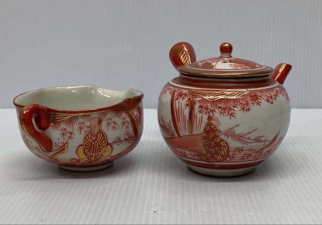 【訳あり】九谷焼 九谷冨永 赤絵金彩 茶器セット 煎茶道具 輪花型湯冷まし