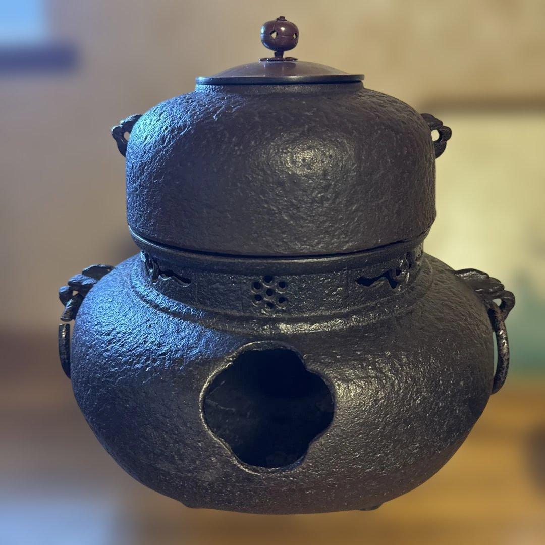 【茶道具】風炉釜 電熱器 敷き瓦 3点セット
