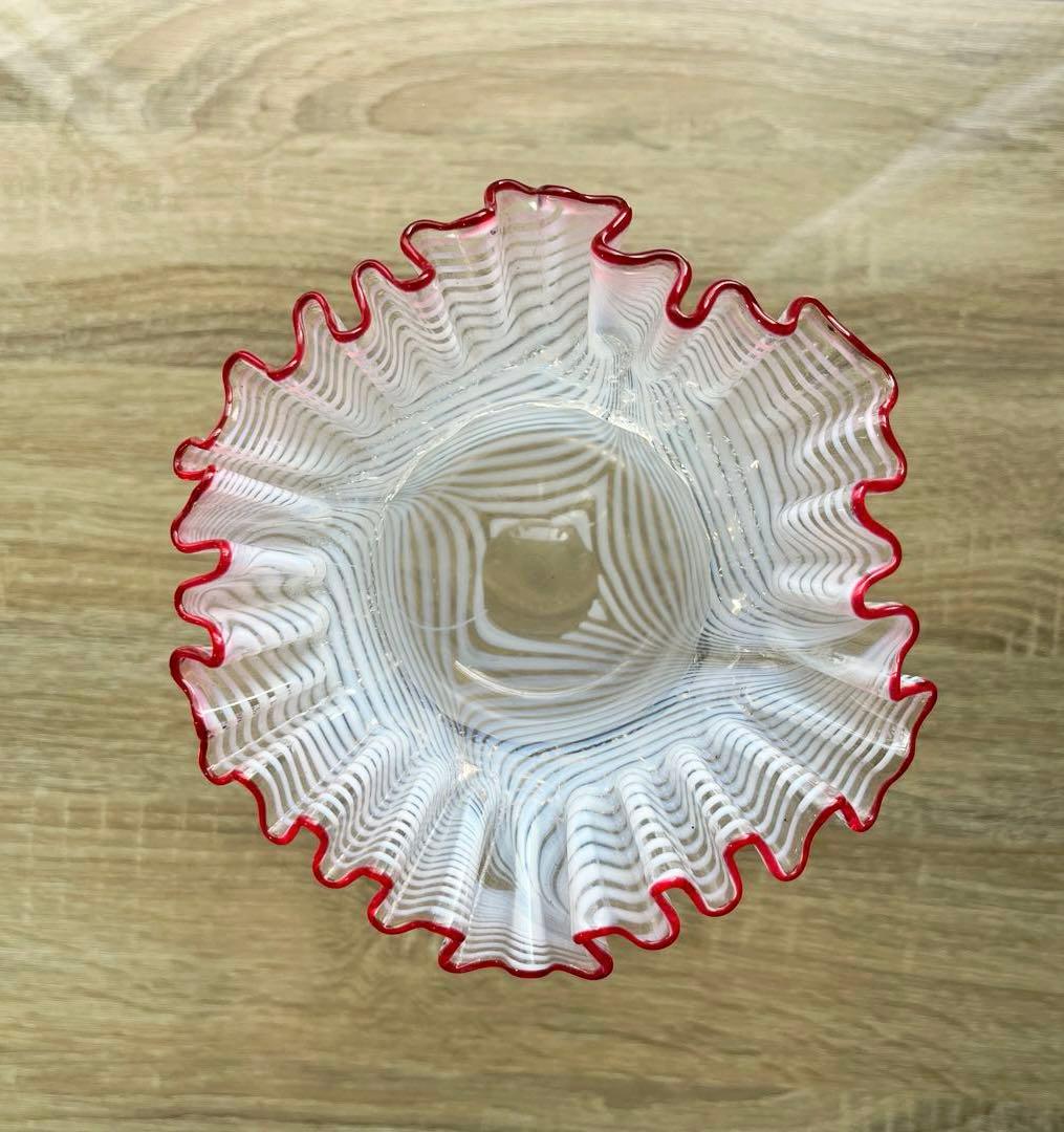 骨董　時代ガラス　超希少　金赤フチ　掻き揚げ模様　菓子器　氷鉢　ウランガラス